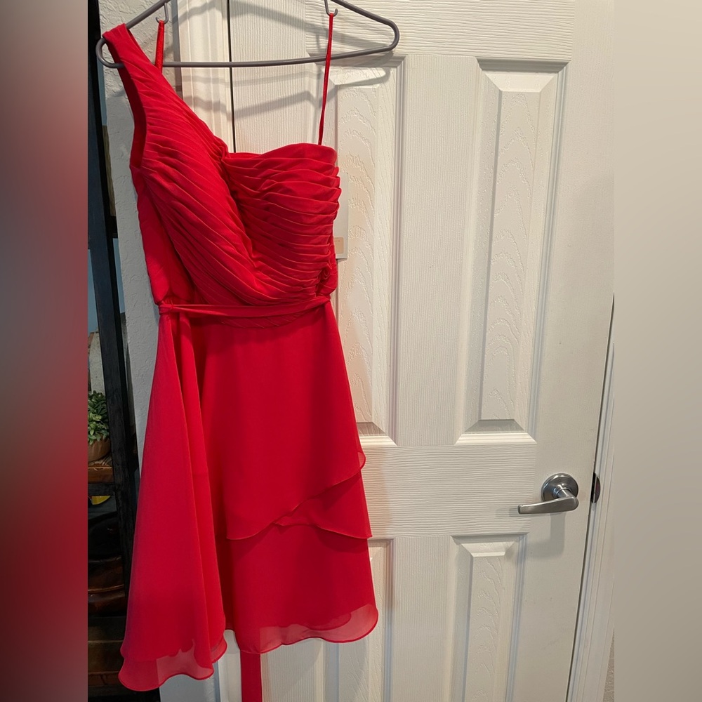 Mori Lee Red one shoulder pleated bust chiffon ruffle bottom formal dress NEW 8